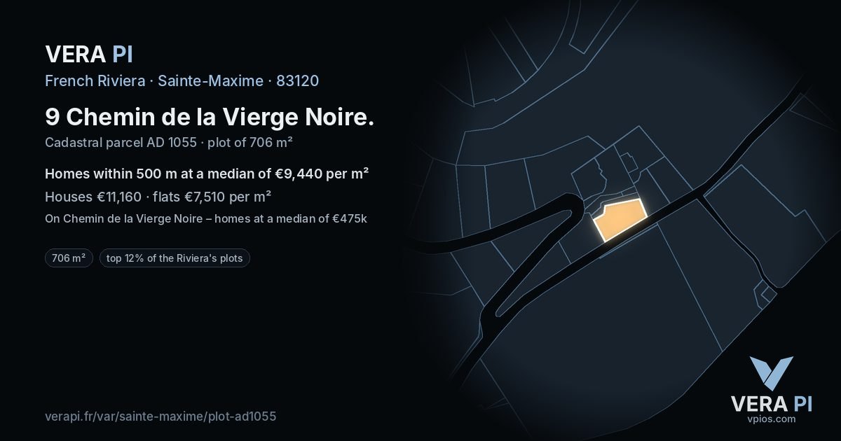 9 Chemin de la Vierge Noire, Sainte-Maxime at night – the plot lit, the parcels around coloured by the prices near them