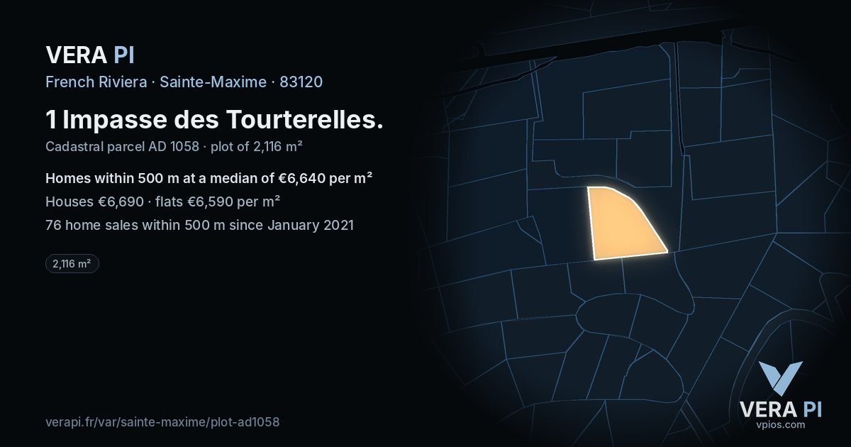 1 Impasse des Tourterelles, Sainte-Maxime at night – the plot lit, the parcels around coloured by the prices near them