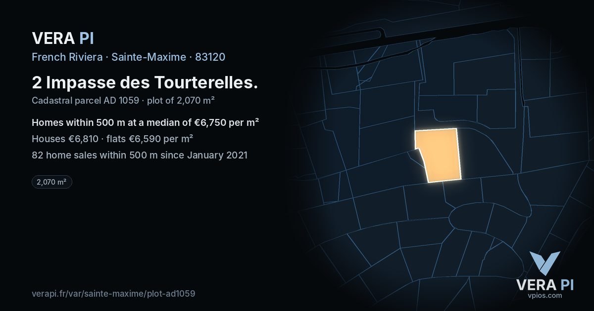 2 Impasse des Tourterelles, Sainte-Maxime at night – the plot lit, the parcels around coloured by the prices near them