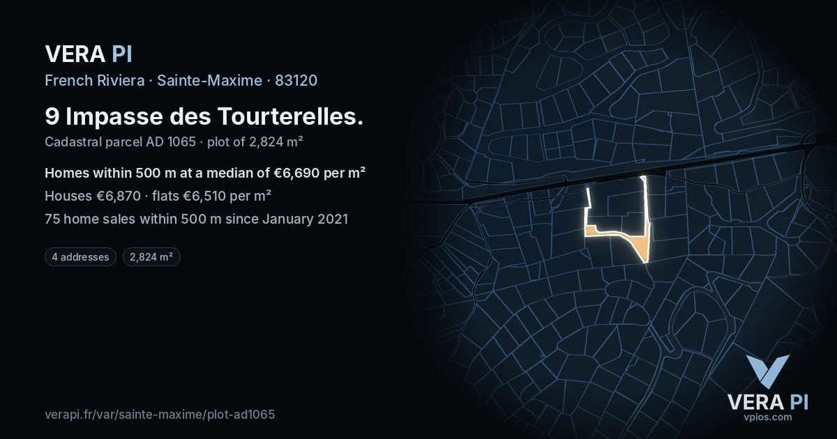 9 Impasse des Tourterelles, Sainte-Maxime at night – the plot lit, the parcels around coloured by the prices near them