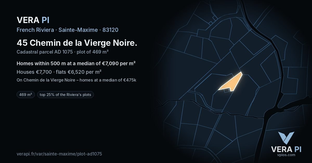 45 Chemin de la Vierge Noire, Sainte-Maxime at night – the plot lit, the parcels around coloured by the prices near them