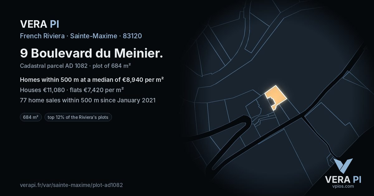 9 Boulevard du Meinier, Sainte-Maxime at night – the plot lit, the parcels around coloured by the prices near them