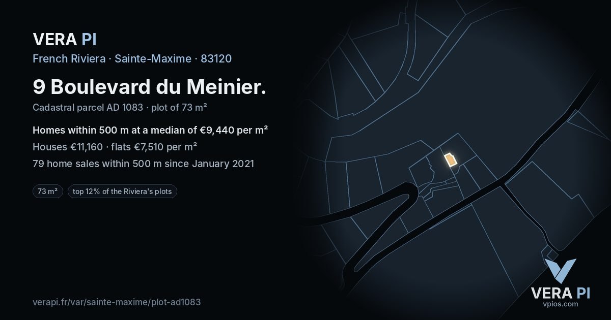 9 Boulevard du Meinier, Sainte-Maxime at night – the plot lit, the parcels around coloured by the prices near them