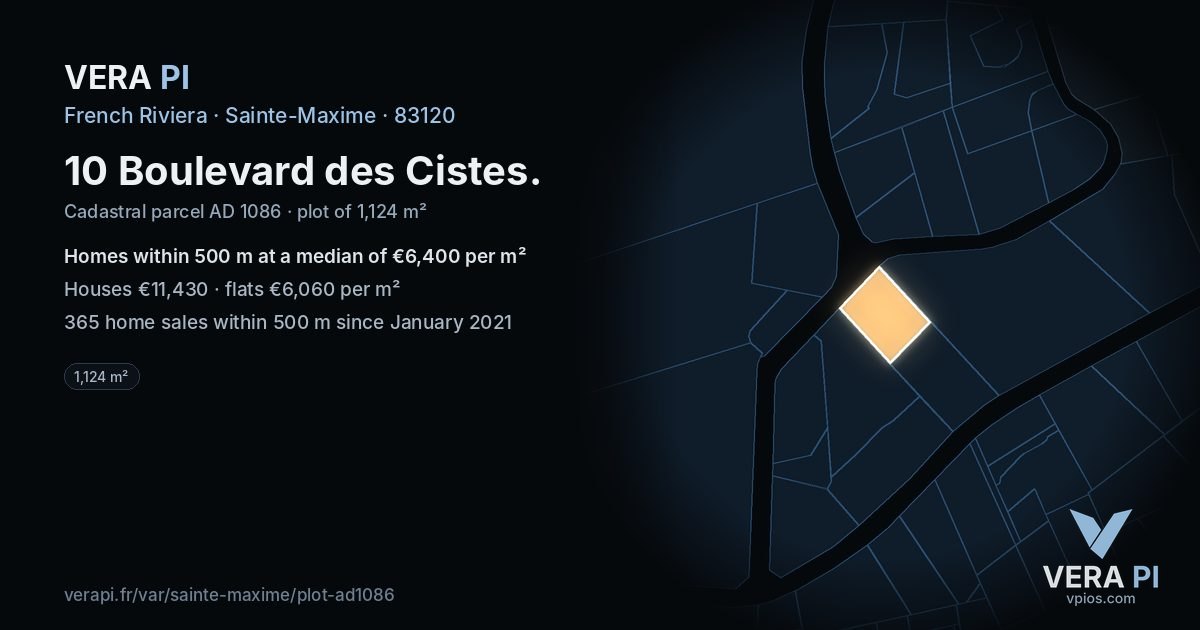 10 Boulevard des Cistes, Sainte-Maxime at night – the plot lit, the parcels around coloured by the prices near them