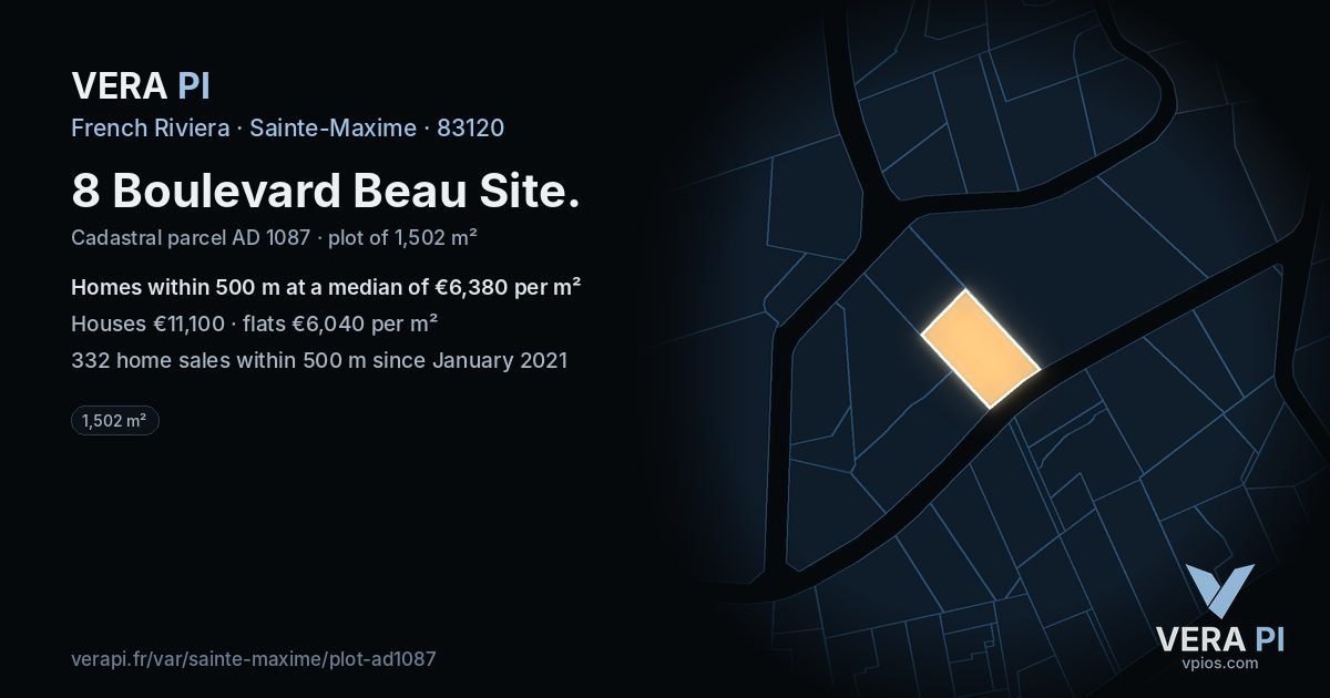 8 Boulevard Beau Site, Sainte-Maxime at night – the plot lit, the parcels around coloured by the prices near them