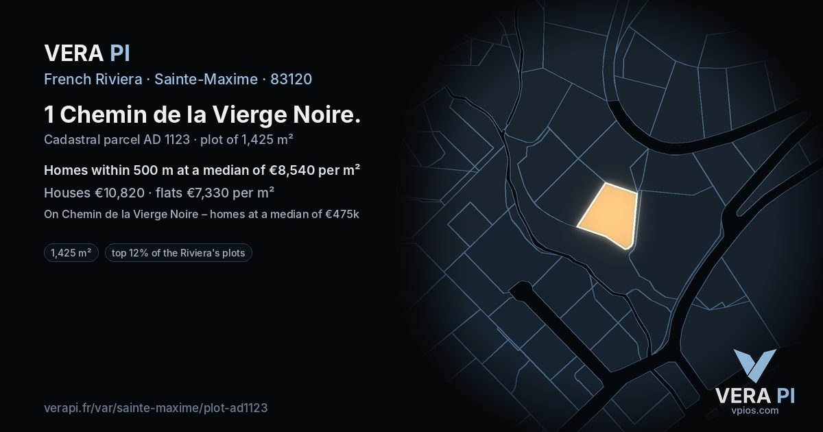 1 Chemin de la Vierge Noire, Sainte-Maxime at night – the plot lit, the parcels around coloured by the prices near them
