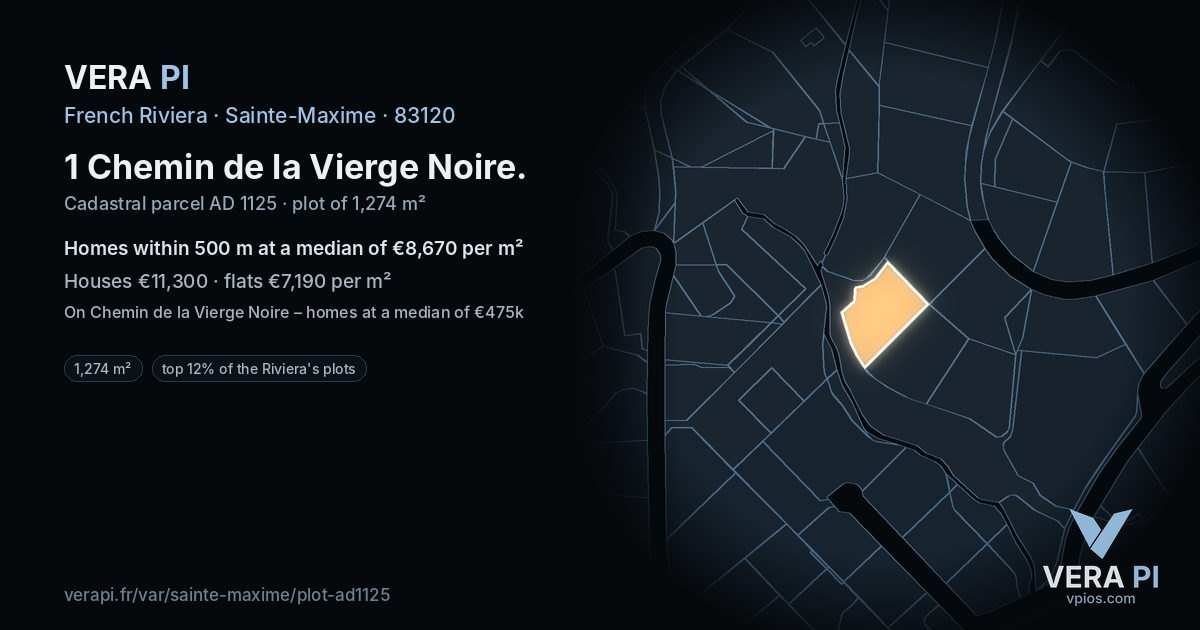 1 Chemin de la Vierge Noire, Sainte-Maxime at night – the plot lit, the parcels around coloured by the prices near them