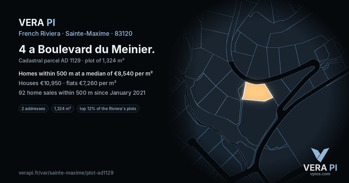 4 a Boulevard du Meinier, Sainte-Maxime at night – the plot lit, the parcels around coloured by the prices near them
