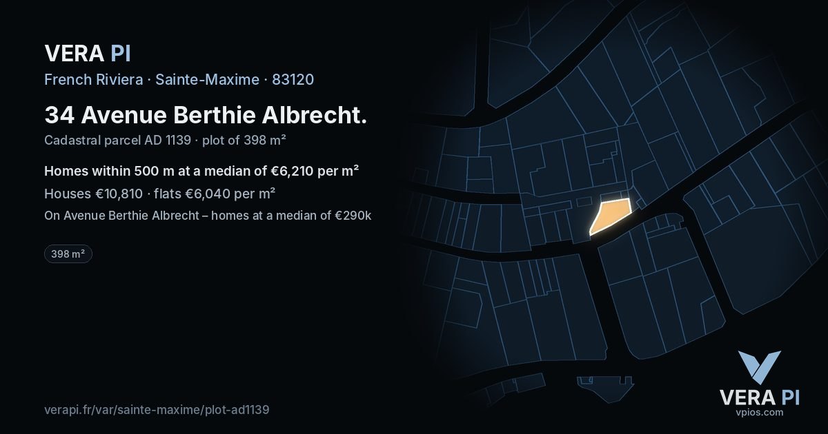 34 Avenue Berthie Albrecht, Sainte-Maxime at night – the plot lit, the parcels around coloured by the prices near them