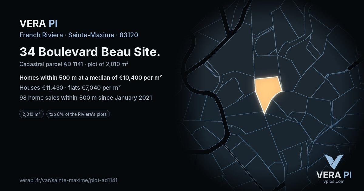 34 Boulevard Beau Site, Sainte-Maxime at night – the plot lit, the parcels around coloured by the prices near them