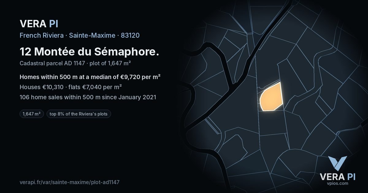 12 Montée du Sémaphore, Sainte-Maxime at night – the plot lit, the parcels around coloured by the prices near them