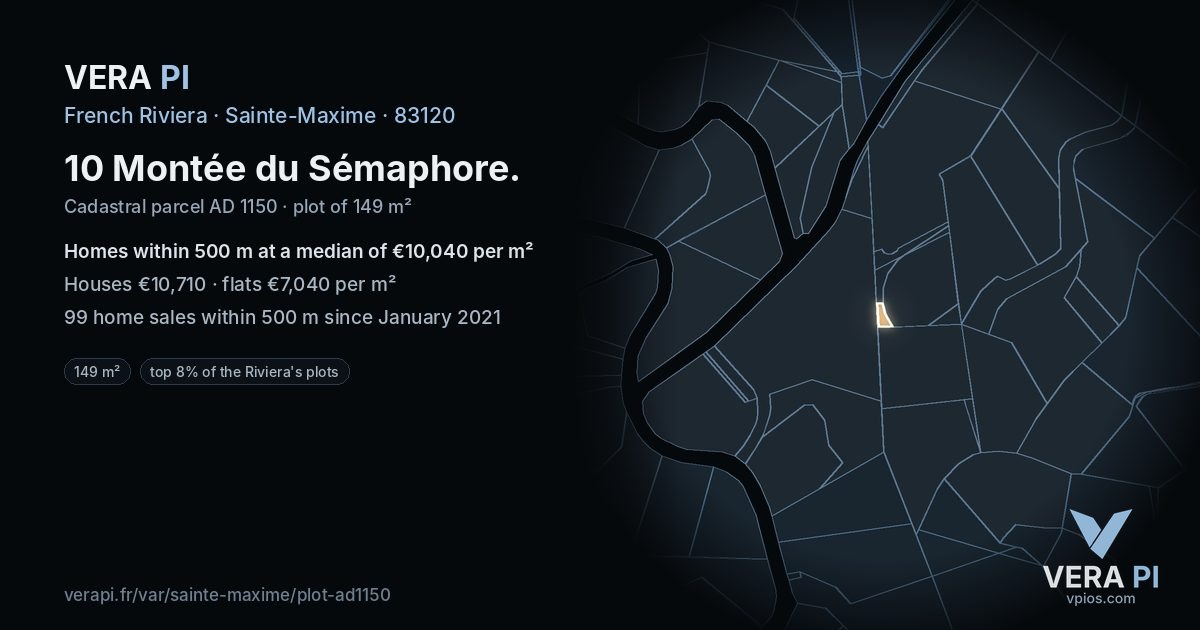 10 Montée du Sémaphore, Sainte-Maxime at night – the plot lit, the parcels around coloured by the prices near them