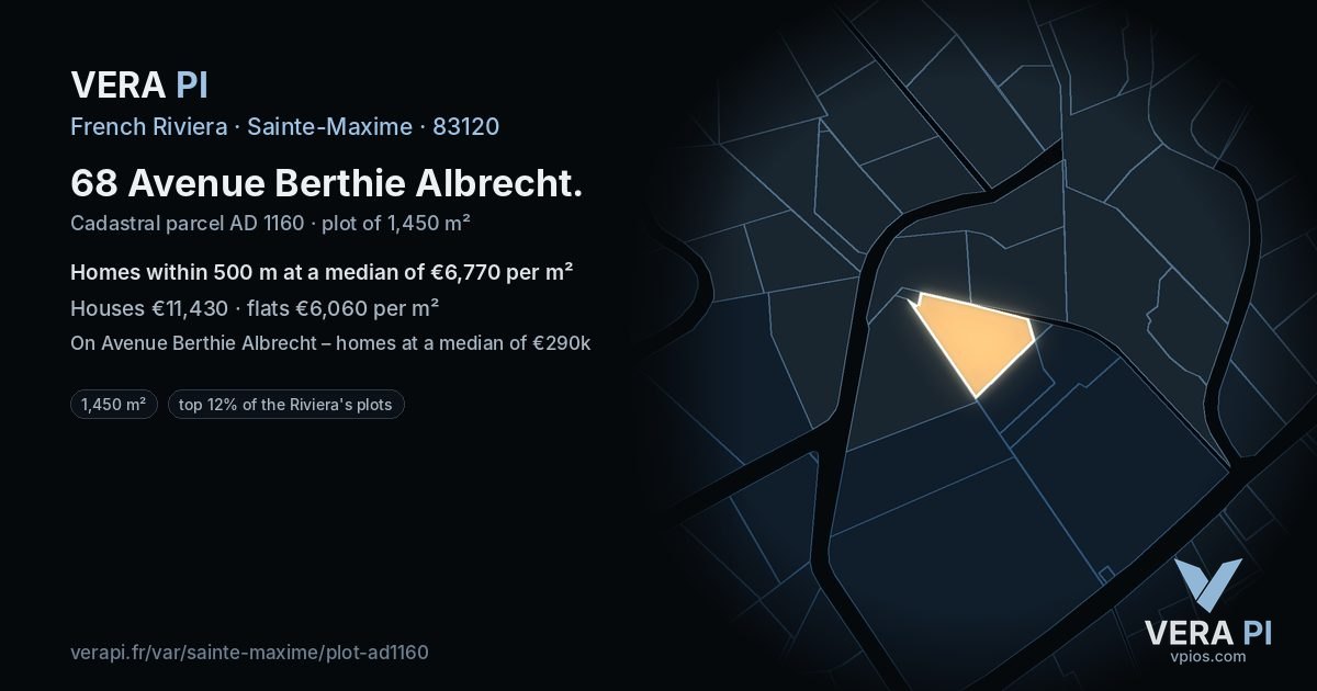 68 Avenue Berthie Albrecht, Sainte-Maxime at night – the plot lit, the parcels around coloured by the prices near them