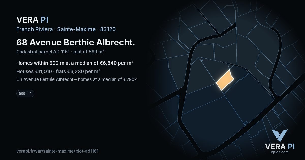 68 Avenue Berthie Albrecht, Sainte-Maxime at night – the plot lit, the parcels around coloured by the prices near them