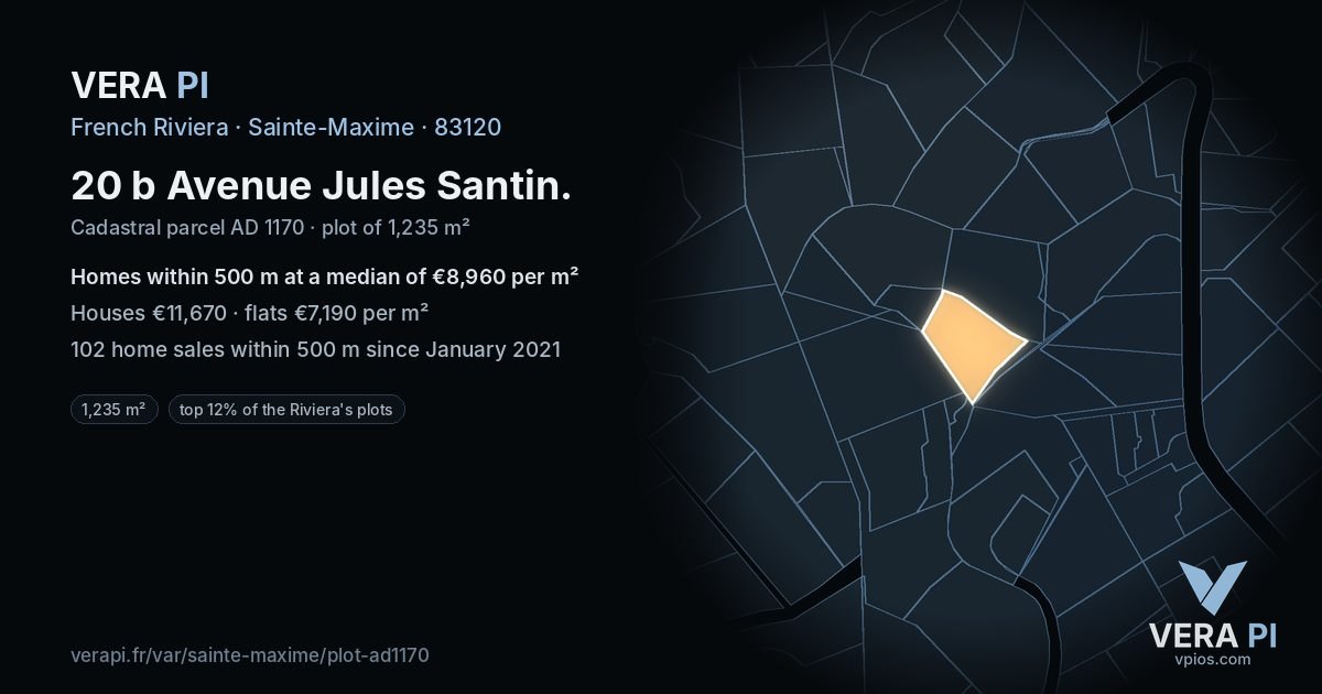 20 b Avenue Jules Santin, Sainte-Maxime at night – the plot lit, the parcels around coloured by the prices near them