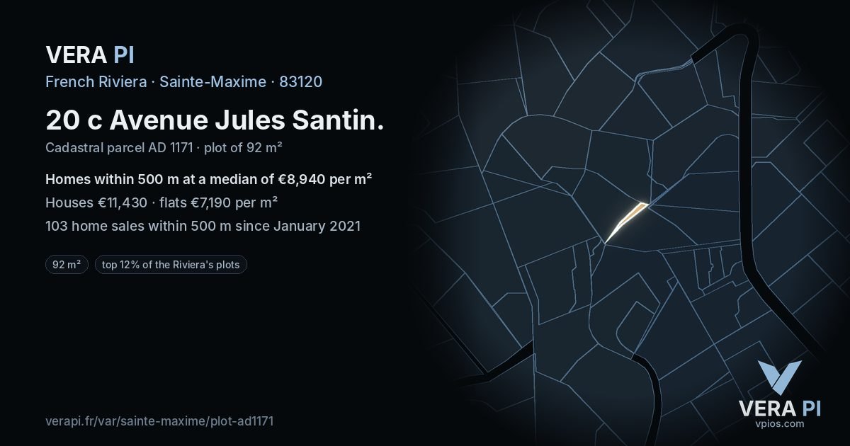20 c Avenue Jules Santin, Sainte-Maxime at night – the plot lit, the parcels around coloured by the prices near them