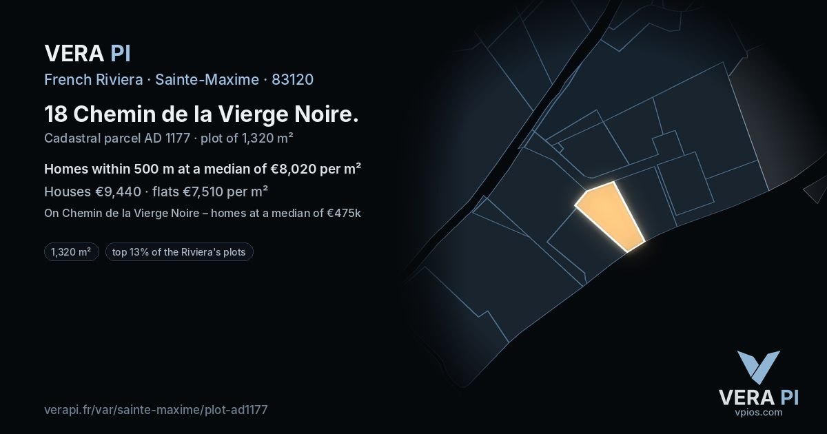 18 Chemin de la Vierge Noire, Sainte-Maxime at night – the plot lit, the parcels around coloured by the prices near them