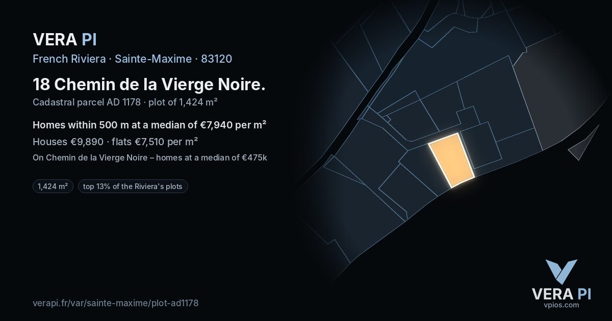 18 Chemin de la Vierge Noire, Sainte-Maxime at night – the plot lit, the parcels around coloured by the prices near them