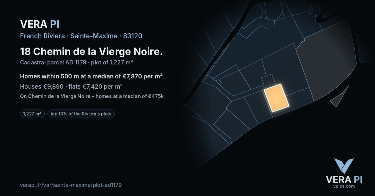 18 Chemin de la Vierge Noire, Sainte-Maxime at night – the plot lit, the parcels around coloured by the prices near them