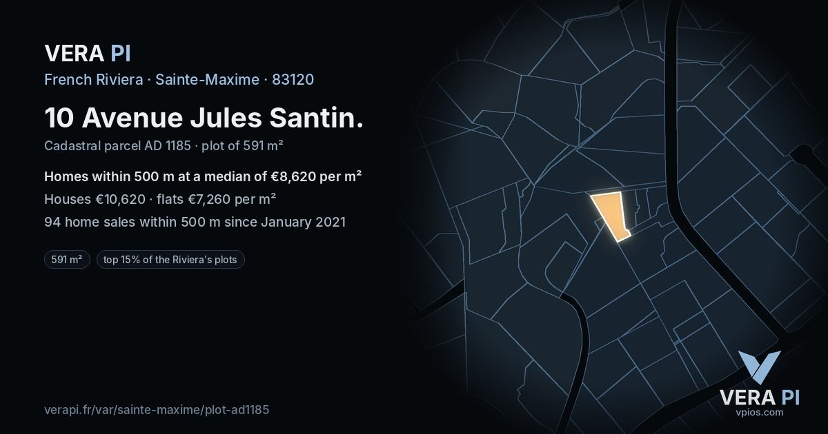 10 Avenue Jules Santin, Sainte-Maxime at night – the plot lit, the parcels around coloured by the prices near them