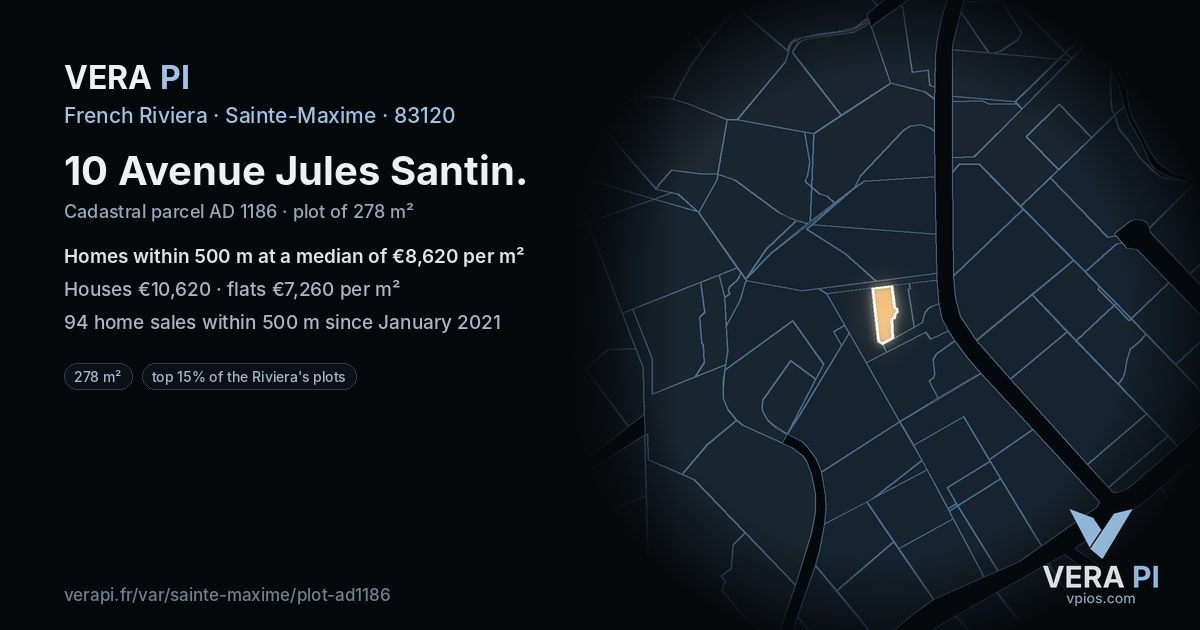 10 Avenue Jules Santin, Sainte-Maxime at night – the plot lit, the parcels around coloured by the prices near them