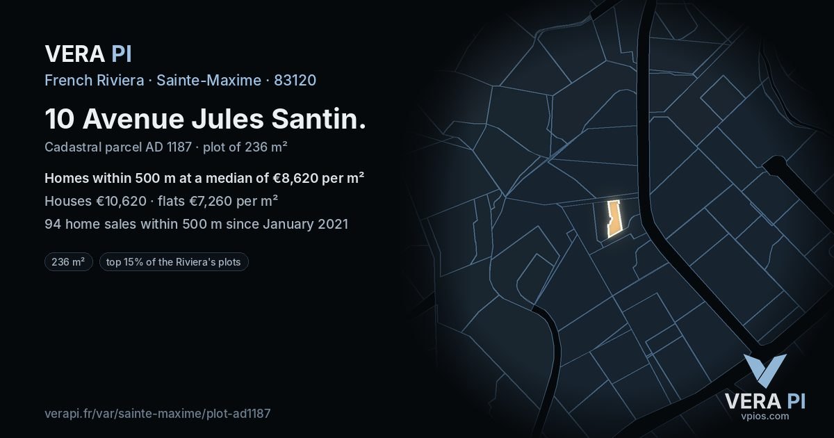 10 Avenue Jules Santin, Sainte-Maxime at night – the plot lit, the parcels around coloured by the prices near them