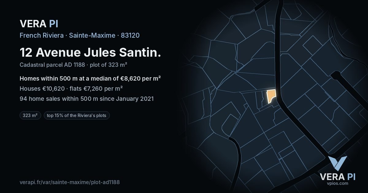 12 Avenue Jules Santin, Sainte-Maxime at night – the plot lit, the parcels around coloured by the prices near them