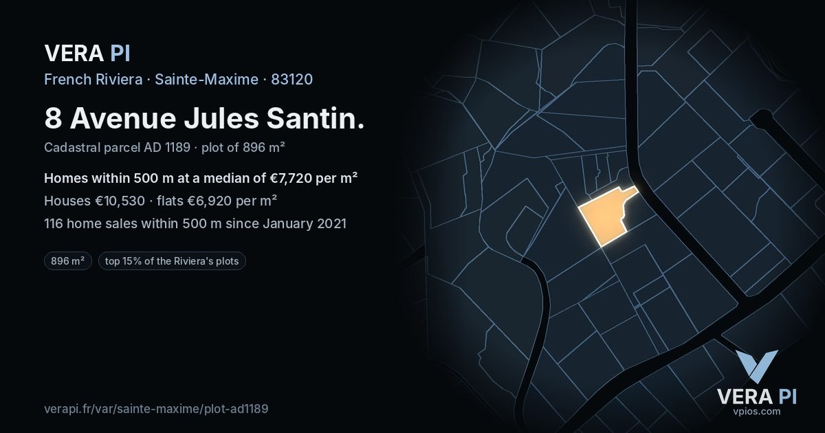 8 Avenue Jules Santin, Sainte-Maxime at night – the plot lit, the parcels around coloured by the prices near them