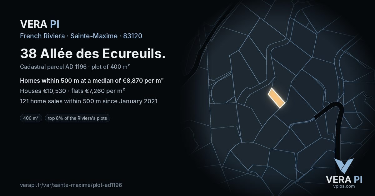 38 Allée des Ecureuils, Sainte-Maxime at night – the plot lit, the parcels around coloured by the prices near them