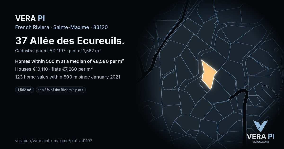 37 Allée des Ecureuils, Sainte-Maxime at night – the plot lit, the parcels around coloured by the prices near them