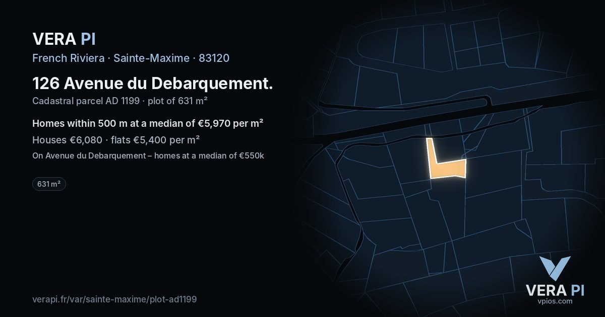 126 Avenue du Debarquement, Sainte-Maxime at night – the plot lit, the parcels around coloured by the prices near them