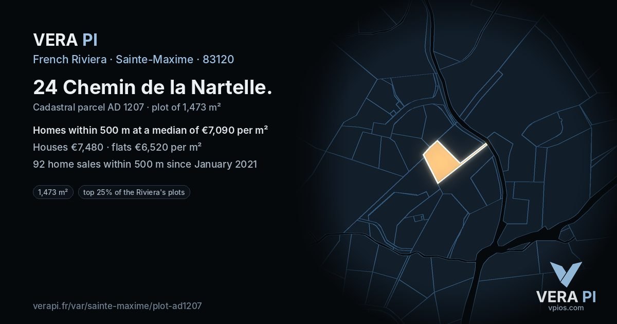 24 Chemin de la Nartelle, Sainte-Maxime at night – the plot lit, the parcels around coloured by the prices near them