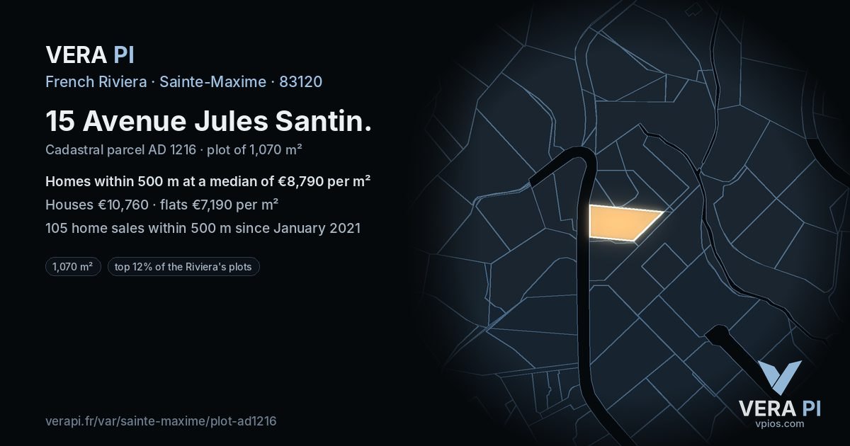 15 Avenue Jules Santin, Sainte-Maxime at night – the plot lit, the parcels around coloured by the prices near them
