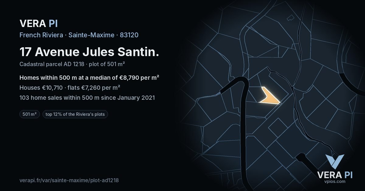17 Avenue Jules Santin, Sainte-Maxime at night – the plot lit, the parcels around coloured by the prices near them