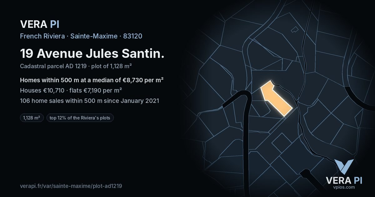 19 Avenue Jules Santin, Sainte-Maxime at night – the plot lit, the parcels around coloured by the prices near them