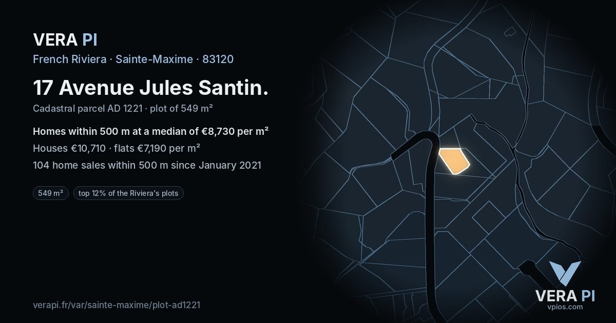 17 Avenue Jules Santin, Sainte-Maxime at night – the plot lit, the parcels around coloured by the prices near them