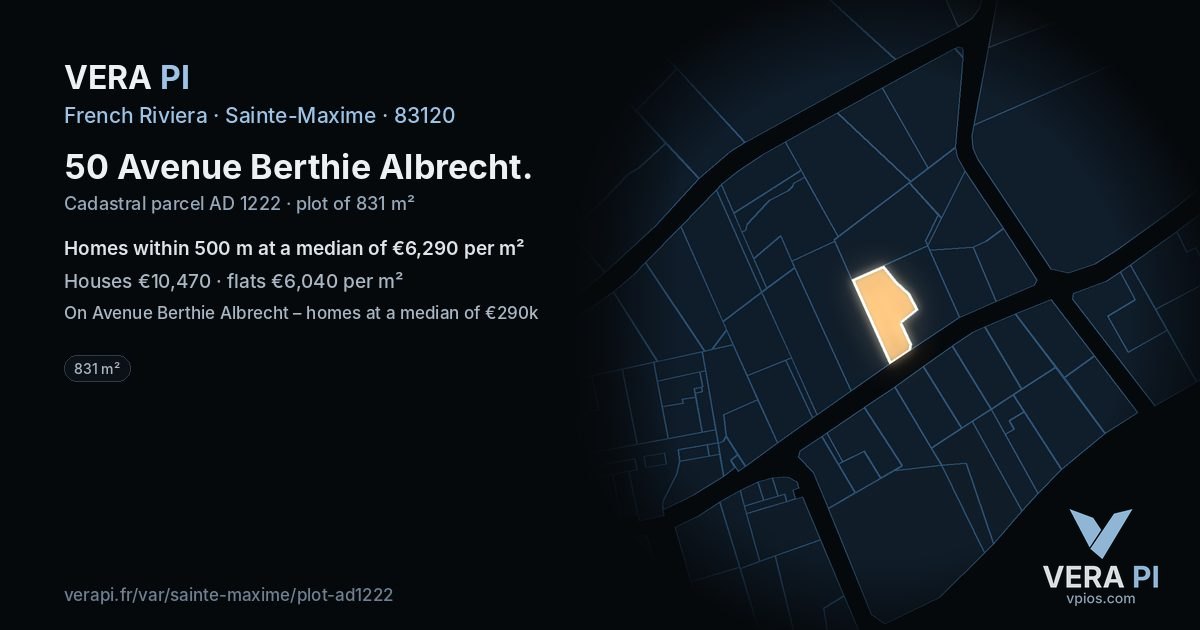 50 Avenue Berthie Albrecht, Sainte-Maxime at night – the plot lit, the parcels around coloured by the prices near them