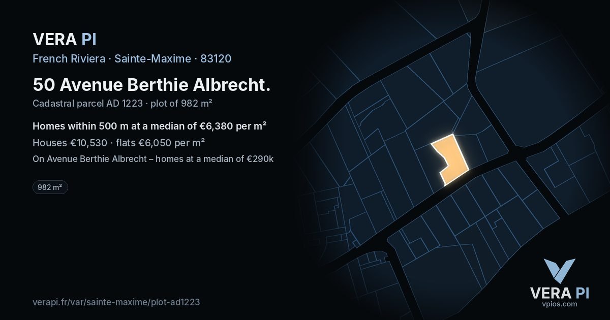 50 Avenue Berthie Albrecht, Sainte-Maxime at night – the plot lit, the parcels around coloured by the prices near them