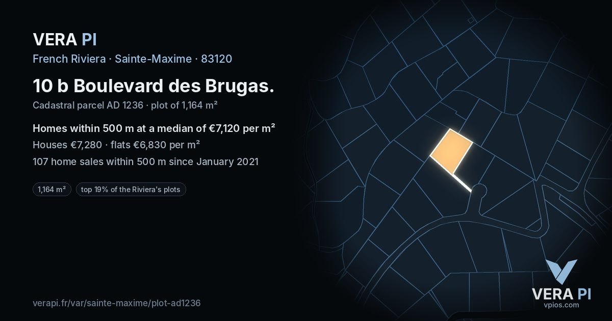 10 b Boulevard des Brugas, Sainte-Maxime at night – the plot lit, the parcels around coloured by the prices near them