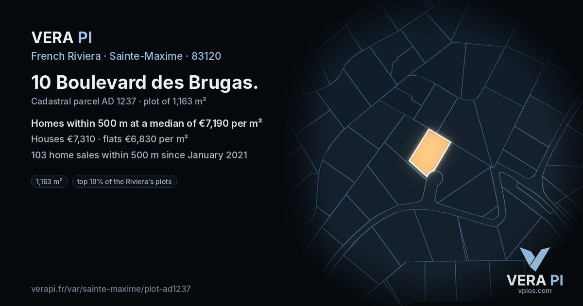 10 Boulevard des Brugas, Sainte-Maxime at night – the plot lit, the parcels around coloured by the prices near them