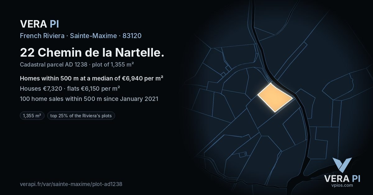 22 Chemin de la Nartelle, Sainte-Maxime at night – the plot lit, the parcels around coloured by the prices near them
