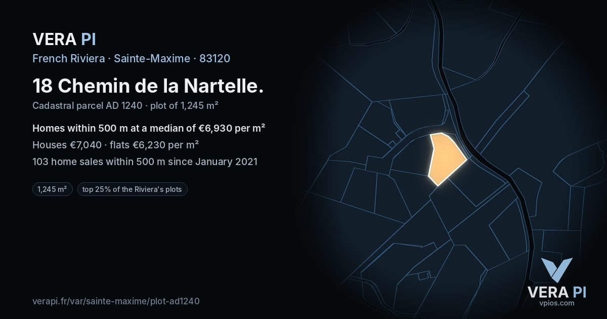 18 Chemin de la Nartelle, Sainte-Maxime at night – the plot lit, the parcels around coloured by the prices near them