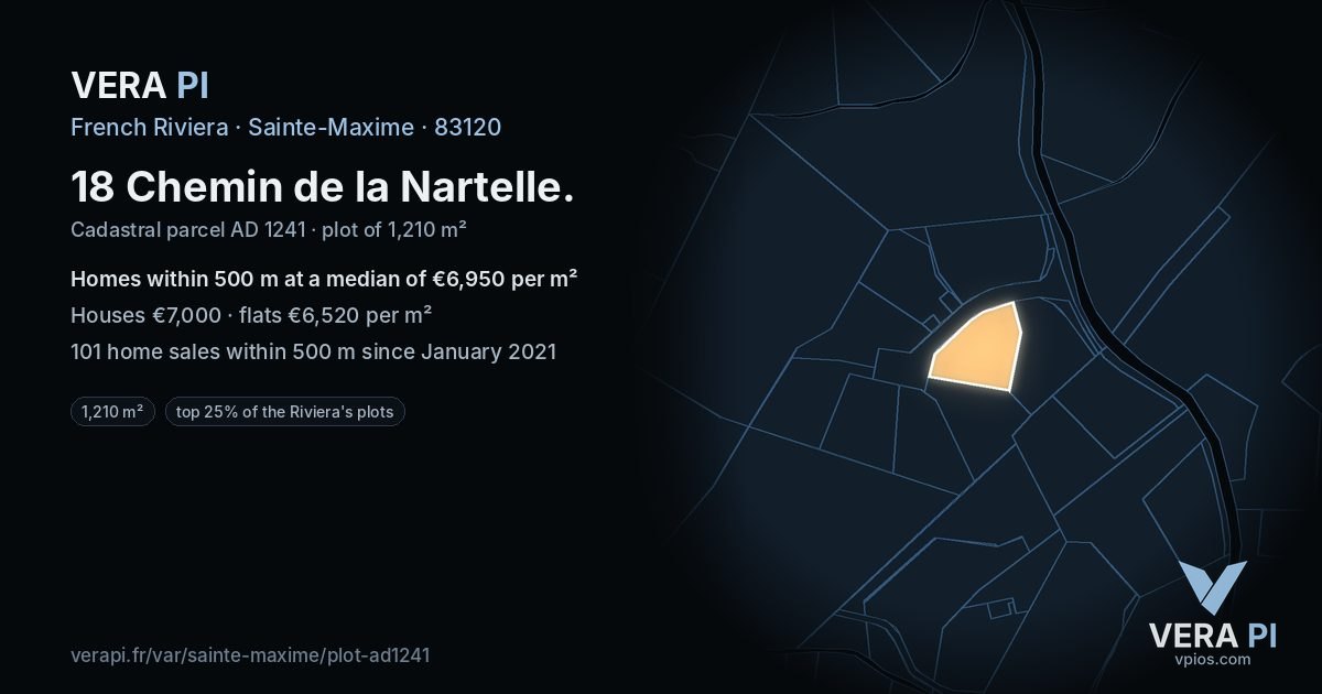 18 Chemin de la Nartelle, Sainte-Maxime at night – the plot lit, the parcels around coloured by the prices near them