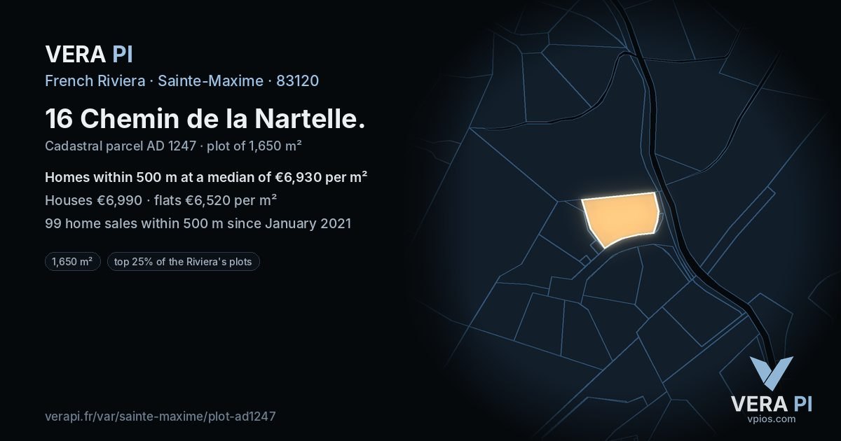 16 Chemin de la Nartelle, Sainte-Maxime at night – the plot lit, the parcels around coloured by the prices near them