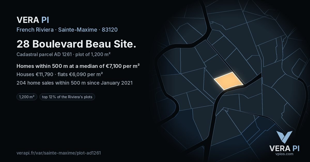 28 Boulevard Beau Site, Sainte-Maxime at night – the plot lit, the parcels around coloured by the prices near them