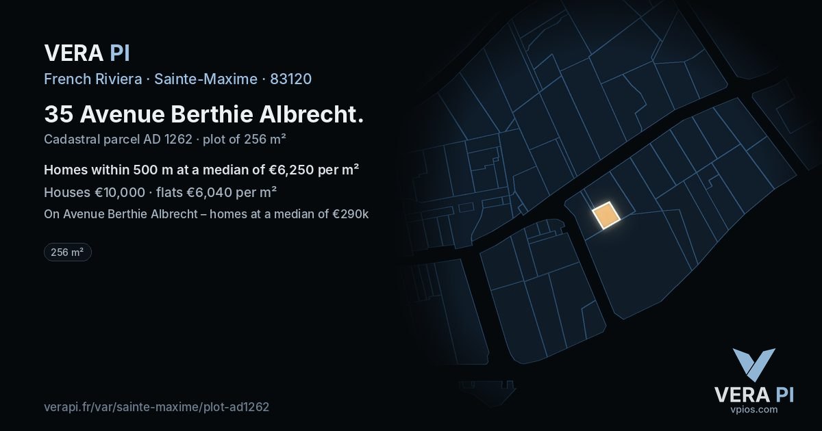 35 Avenue Berthie Albrecht, Sainte-Maxime at night – the plot lit, the parcels around coloured by the prices near them