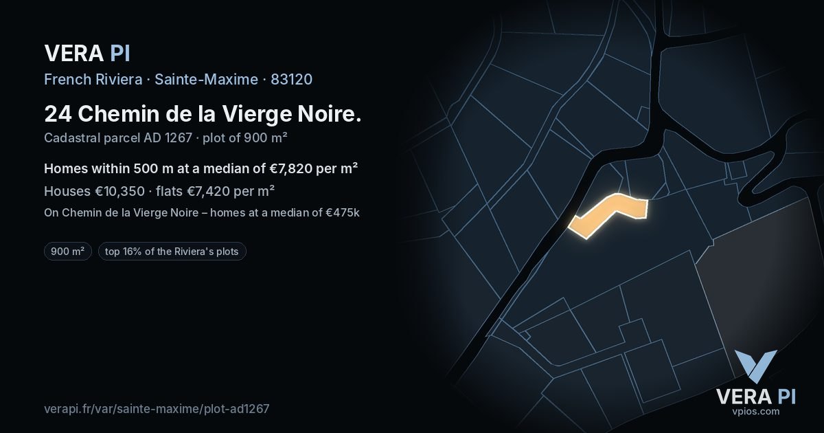 24 Chemin de la Vierge Noire, Sainte-Maxime at night – the plot lit, the parcels around coloured by the prices near them