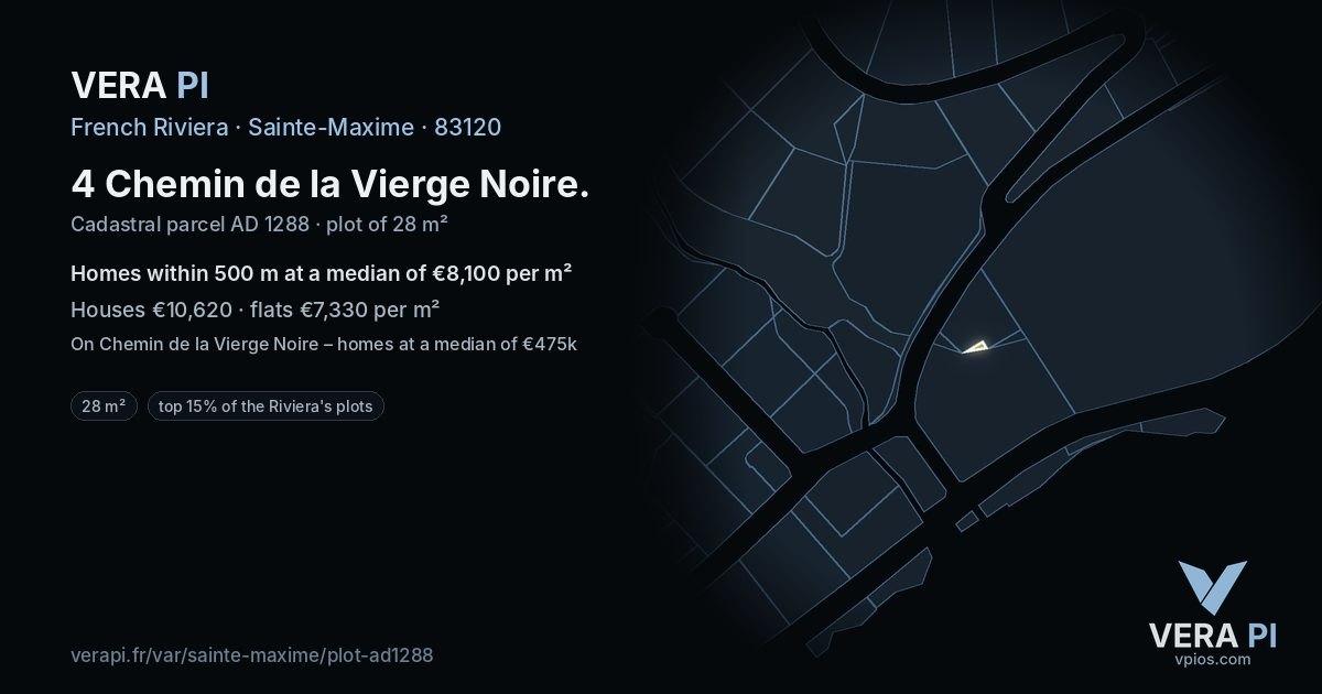 4 Chemin de la Vierge Noire, Sainte-Maxime at night – the plot lit, the parcels around coloured by the prices near them