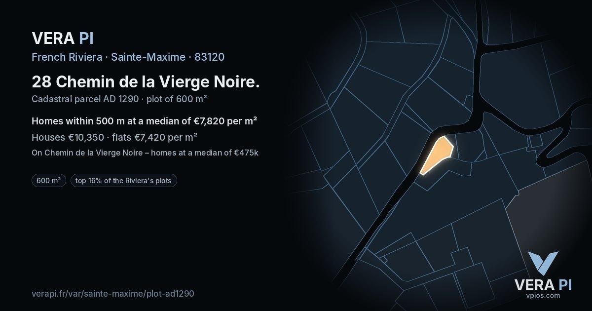 28 Chemin de la Vierge Noire, Sainte-Maxime at night – the plot lit, the parcels around coloured by the prices near them