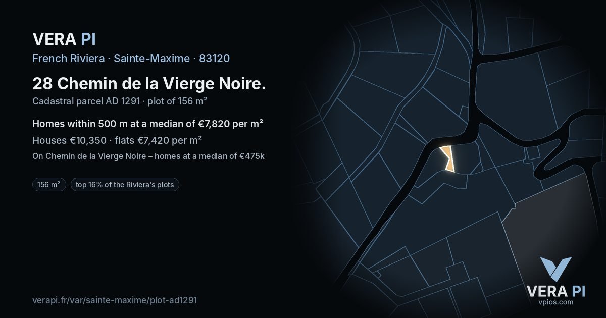 28 Chemin de la Vierge Noire, Sainte-Maxime at night – the plot lit, the parcels around coloured by the prices near them